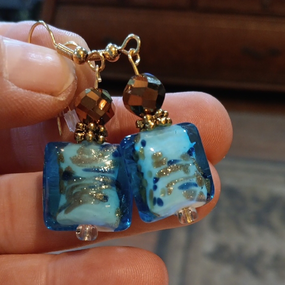 Jewelry - 3/$9 Handmade Blue and Gold Beaded Earrings